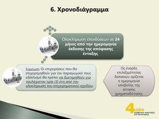 6. Χρονοδιάγραμμα
Σημείωση: Οι επιχειρήσεις που θα
επιχορηγηθούν για τον παραγωγικό τους
εξοπλισμό θα πρέπει να διατηρηθούν για
τουλάχιστον τρία (3) έτη από την
ολοκλήρωση του επιχειρηματικού σχεδίου.
Ολοκλήρωση επενδύσεων σε 24
μήνες από την ημερομηνία
έκδοσης της απόφασης
ένταξης.
Ως έναρξη
επιλεξιμότητας
δαπανών ορίζεται
η ημερομηνία
υποβολής της
αίτησης
χρηματοδότησης
 