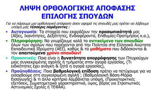 ΛΗΨΗ ΟΡΘΟΛΟΓΙΚΗΣ ΑΠΟΦΑΣΗΣ
ΕΠΙΛΟΓΗΣ ΣΠΟΥΔΩΝ
Για να πάρουμε μια ορθολογική απόφαση όσον αφορά τις σπουδές μας πρέπει να λάβουμε
υπόψη μας τέσσερις παράγοντες :
• Αυτογνωσία: Τα στοιχεία που εκφράζουν την προσωπικότητά μας
(Αξίες, Ικανότητες, Δεξιότητες, Ενδιαφέροντα, Επιθυμίες-Προτιμήσεις κ.α.),
• Πληροφόρηση: Να γνωρίζουμε καλά το αντικείμενο των σπουδών
όλων των σχολών που παρέχονται από την Πολιτεία στα Ελληνικά Ανώτατα
Εκπαιδευτικά Ιδρύματα (ΑΕΙ), καθώς & τα μαθήματα που διδάσκονται &
τον απαιτούμενο χρόνο σπουδών!
• Προοπτικές: Ποια είναι η δυνατότητα απορρόφησης των Πτυχιούχων
μιας συγκεκριμένης σχολής ή τμήματος στην αγορά εργασίας, (Τι
ειδικότητες έχει ανάγκη & ζητά η αγορά εργασίας),
• Προϋποθέσεις: Ποια βαθμολογική επίδοση πρέπει να πετύχουμε για να
εισαχθούμε στη συγκεκριμένη σχολή ; (Βαθμολογική Βάση-Μόρια
Εισαγωγής) & τι άλλο κριτήριο λαμβάνεται υπόψη, (Προκαταρκτικές
εξετάσεις, Σωματομετρικά χαρακτηριστικά, ύψος, βάρος για Στρατιωτικές
Αστυνομικές Σχολές ή ΤΕΦΑΑ).
 