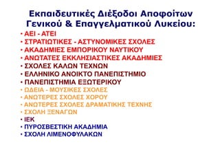 Εκπαιδευτικές Διέξοδοι Αποφοίτων
Γενικού & Επαγγελματικού Λυκείου:
• ΑΕΙ - ΑΤΕΙ
• ΣΤΡΑΤΙΩΤΙΚΕΣ - ΑΣΤΥΝΟΜΙΚΕΣ ΣΧΟΛΕΣ
• ΑΚΑΔΗΜΙΕΣ ΕΜΠΟΡΙΚΟΥ ΝΑΥΤΙΚΟΥ
• ΑΝΩΤΑΤΕΣ ΕΚΚΛΗΣΙΑΣΤΙΚΕΣ ΑΚΑΔΗΜΙΕΣ
• ΣΧΟΛΕΣ ΚΑΛΩΝ ΤΕΧΝΩΝ
• ΕΛΛΗΝΙΚΟ ΑΝΟΙΚΤΟ ΠΑΝΕΠΙΣΤΗΜΙΟ
• ΠΑΝΕΠΙΣΤΗΜΙΑ ΕΞΩΤΕΡΙΚΟΥ
• ΩΔΕΙΑ - ΜΟΥΣΙΚΕΣ ΣΧΟΛΕΣ
• ΑΝΩΤΕΡΕΣ ΣΧΟΛΕΣ ΧΟΡΟΥ
• ΑΝΩΤΕΡΕΣ ΣΧΟΛΕΣ ΔΡΑΜΑΤΙΚΗΣ ΤΕΧΝΗΣ
• ΣΧΟΛΗ ΞΕΝΑΓΩΝ
• ΙΕΚ
• ΠΥΡΟΣΒΕΣΤΙΚΗ ΑΚΑΔΗΜΙΑ
• ΣΧΟΛΗ ΛΙΜΕΝΟΦΥΛΑΚΩΝ
 