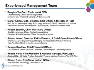 Experienced Management Team
• Douglas VanOort, Chairman & CEO
Chief Operating Officer, Quest Diagnostics
Executive Vice President, Corning Life Sciences, Inc.
• Maher Albitar, M.D., Chief Medical Officer & Director of R&D
Med. Dir. for Hematopathology & Oncology and Chief of R&D, Quest Nichols Institute;
Director of Leukemia and Molecular Laboratory, MD Anderson Cancer Center
• Robert Shovlin, Chief Operating Officer
Chief Development Officer, Bostwick Laboratories
President & Chief Executive Officer, Aureon Biosciences
• Steven Jones, Director, EVP – Finance, & Chief Compliance Officer
Chairman, Aspen Capital Group; Managing Member, Medical Venture Partners
Vice President, Merrill Lynch Investment Banking
• George Cardoza, Chief Financial Officer
CFO, Protocol Global Solutions; Controller, Central Region, Quest Diagnostics
• Robert Horel, Vice President & General Manager, PathLogic
Regional Mgr., US Labs; Product Specialist, Ventana Medical Systems; Pilot, U.S. Navy
• Steven Ross, Chief Information Officer
Vice President Technology, Chico’s FAS, Inc.
4
 