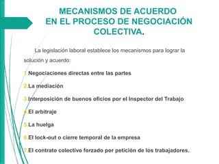 MECANISMOS DE ACUERDO
EN EL PROCESO DE NEGOCIACIÓN
COLECTIVA.
La legislación laboral establece los mecanismos para lograr la
solución y acuerdo:
1.Negociaciones directas entre las partes
2.La mediación
3.Interposición de buenos oficios por el Inspector del Trabajo
4.El arbitraje
5.La huelga
6.El lock-out o cierre temporal de la empresa
7.El contrato colectivo forzado por petición de los trabajadores.
 