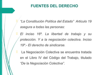 FUENTES DEL DERECHO
 “La Constitución Política del Estado” Articulo 19
asegura a todas las personas:
 El inciso 16º. La libertad de trabajo y su
protección. Y a la negociación colectiva. Inciso
19º.- El derecho de sindicarse.
 La Negociación Colectiva se encuentra tratada
en el Libro IV del Código del Trabajo, titulado
“De la Negociación Colectiva”.
 