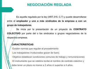 NEGOCIACIÓN REGLADA
Es aquella regulada por la ley (ART.315. C.T) y puede desarrollarse
entre el empleador y uno o más sindicatos de la empresa o con un
grupo de trabajadores.
Se inicia por la presentación de un proyecto de CONTRATO
COLECTIVO por parte del o los sindicatos o grupos negociadores de la
respectiva empresa.
CARACTERISTICAS
Existen normas que regulan el procedimiento
Los trabajadores involucrados gozan de fuero.
Objetivo establecer condiciones comunes de trabajo y remuneraciones
El instrumento que se celebra recibe el nombre de contrato colectivo y
debe tener un plazo no menor a 2 años ni superior a 4 años.
 