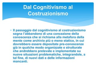  Il passaggio dal cognitivismo al costruzionismo
segna l’abbandono di una concezione della
conoscenza che si richiama alla metafora della
mente come archivio più o meno statico, in cui
dovrebbero essere depositate pre-conoscenze
già in qualche modo organizzate e strutturate
che andrebbero prelevate e implementate su
nuove situazioni problematiche, integrandole, a
tal fine, di nuovi dati e delle informazioni
mancanti.
Dal Cognitivismo al
Costruzionismo
 