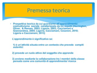 • Prospettiva teorica da cui guardiamo all’apprendimento:
costruttivismo sociale caratterizzato da tre aspetti (Herrington,
Oliver, & Reeves, 2003; Ligorio, 2003; Cacciamani e
Giannandrea, 2004; Ligorio, Cacciamani, Cesareni, 2010;
Ligorio e Cacciamani, 2013)
L’apprendimento è significativo se:
1) è un’attività situata entro un contesto che prevede compiti
autentici
2) prevede un ruolo attivo del soggetto che apprende
3) avviene mediante la collaborazione tra i membri della classe
pensata come una comunità di apprendimento/ ricerca
Premessa teorica
 