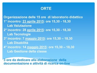 ORTE
Organizzazione delle 15 ore di laboratorio didattico
1° incontro: 23 aprile 2015: ore 15,30 - 18,30
Lab Valutazione
2° incontro: 28 aprile 2015: ore 15,30 - 18,30
Lab Tecnologie
3° incontro: 7 maggio 2015: ore 15,30 – 18,30
Lab Disabilità
4° incontro: 14 maggio 2015: ore 15,30 – 18,30
Lab Gestione della classe
3 ore da dedicare alla elaborazione della
documentazione e attività di ricerca on-line
 