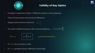 Validity of Ray Optics
• Consider a single slit of width ‘𝑎’.Diffraction pattern will be observed.
• There will be central...