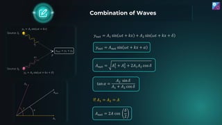 Combination of Waves
𝑦𝑛𝑒𝑡 = 𝐴1 sin 𝜔𝑡 + 𝑘𝑥 + 𝐴2 sin 𝜔𝑡 + 𝑘𝑥 + 𝛿
𝐴𝑛𝑒𝑡 = 𝐴1
2
+ 𝐴2
2
+ 2𝐴1𝐴2 cos 𝛿
tan 𝛼 =
𝐴2 sin 𝛿
𝐴1 + 𝐴2 ...