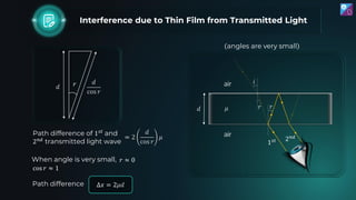 ∆𝑥 = 2𝜇𝑑
Interference due to Thin Film from Transmitted Light
angles are very small
𝑑
𝑖
𝑟
air
air
𝜇
Path difference of 1𝑠𝑡...