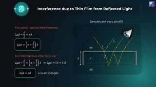 For constructive interference:
For destructive interference:
2𝜇𝑑 = 𝑛𝜆
2𝜇𝑑 = 𝑛 +
1
2
𝜆
𝑑
𝑖
𝑟
air
air
𝜇
𝜋
angles are very sm...