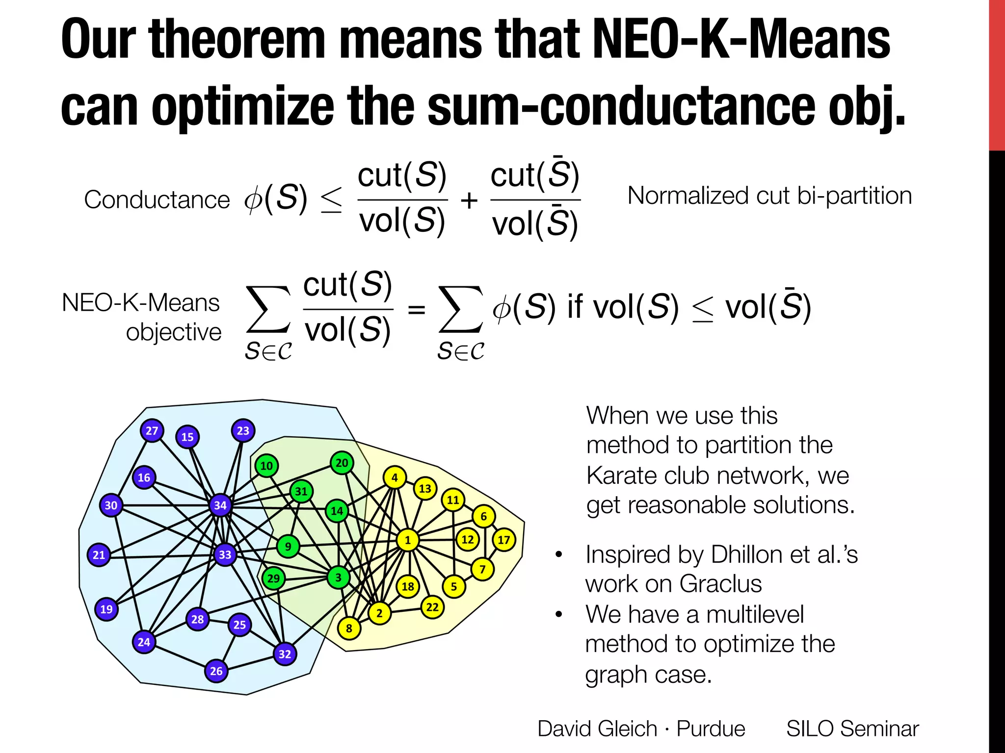 Our theorem means that NEO-K-Means
can optimize the sum-conductance obj.
SILO Seminar
David Gleich · Purdue 
(S) 
cut(S)
vol(S)
+
cut( ¯S)
vol( ¯S)
X
S2C
cut(S)
vol(S)
=
X
S2C
(S) if vol(S)  vol( ¯S)
Conductance
 Normalized cut bi-partition
NEO-K-Means"
objective
When we use this
method to partition the
Karate club network, we
get reasonable solutions.
•  Inspired by Dhillon et al.’s
work on Graclus 
•  We have a multilevel
method to optimize the
graph case. 
 