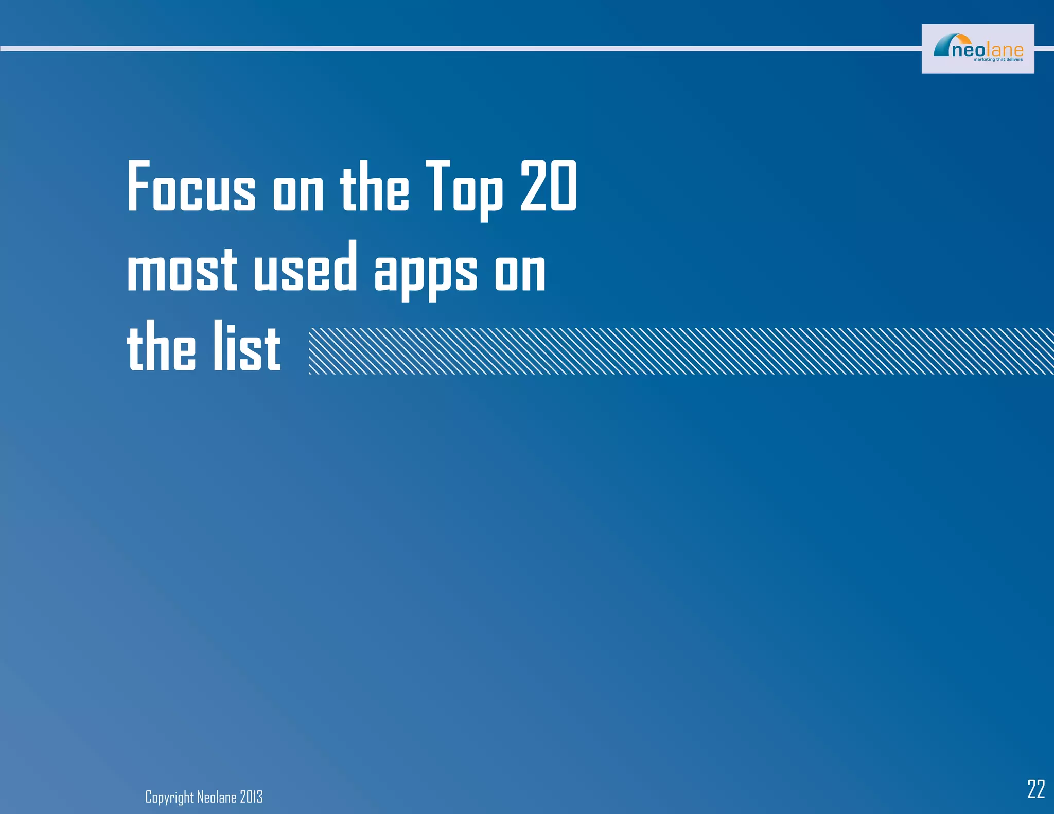 Copyright Neolane 2013 22
Focus on the Top 20
most used apps on
the list
 