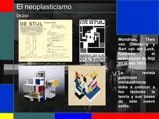 El neoplasticismo
Mondrian, Theo
van Doesburg y
Bart van der Leck,
fundaron el
movimiento de Stijl
en el año 1917.
La revista
publicada
mensualmente
daba a conocer a
los lectores la
teoría y sus bases
de este nuevo
estilo.
De Stijil
Letterklankbeelden, diseño gráfico por Theo van
Doesburg
Portada de la revista
 