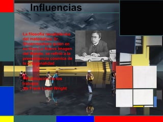 Influencias
La filosofía neoplatónica
del matemático Dr.
Shoenmaekers quien en
su libro La Nueva Imagen
del Mundo, se refirió a la
preeminencia cósmica de
la ortogonalidad
Publicación de los
trabajos
de Frank Lloyd Wright
 