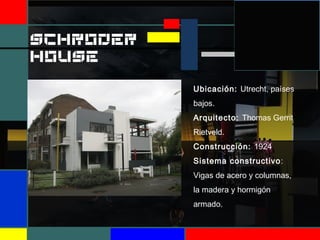 SCHRODER
HOUSE
Ubicación: Utrecht, países
bajos.
Arquitecto: Thomas Gerrit
Rietveld.
Construcción: 1924
Sistema constructivo:
Vigas de acero y columnas,
la madera y hormigón
armado.
 