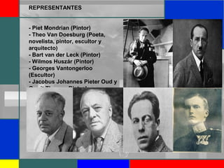 REPRESENTANTES
- Piet Mondrian (Pintor)
- Theo Van Doesburg (Poeta,
novelista, pintor, escultor y
arquitecto)
- Bart van der Leck (Pintor)
- Wilmos Huszár (Pintor)
- Georges Vantongerloo
(Escultor)
- Jacobus Johannes Pieter Oud y
Gerrit Thomas Rietvel
(Arquitectos)
 