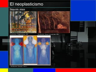 El neoplasticismo
Segunda etapa
Piet Mondrian: Paisaje nocturno, 1907. Piet Mondrian: Bosque cerca de Oele, 1908.
Piet Mondrian: Evolución, 1910-11.
 