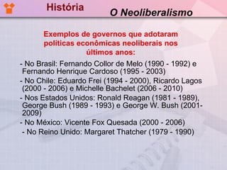 História - No Brasil: Fernando Collor de Melo (1990 - 1992) e Fernando Henrique Cardoso (1995 - 2003) - No Chile: Eduardo Frei (1994 - 2000), Ricardo Lagos (2000 - 2006) e Michelle Bachelet (2006 - 2010)  - Nos Estados Unidos: Ronald Reagan (1981 - 1989), George Bush (1989 - 1993) e George W. Bush (2001- 2009) - No México: Vicente Fox Quesada (2000 - 2006) - No Reino Unido: Margaret Thatcher (1979 - 1990) O Neoliberalismo Exemplos de governos que adotaram políticas econômicas neoliberais nos últimos anos: 