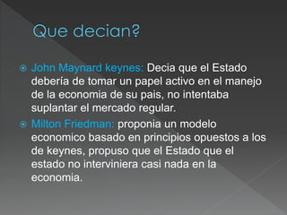  John Maynard keynes: Decia que el Estado 
debería de tomar un papel activo en el manejo 
de la economia de su pais, no intentaba 
suplantar el mercado regular. 
 Milton Friedman: proponia un modelo 
economico basado en principios opuestos a los 
de keynes, propuso que el Estado que el 
estado no interviniera casi nada en la 
economia. 
 