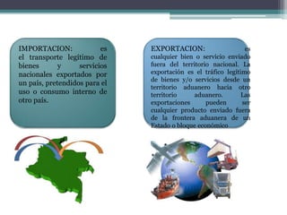 IMPORTACION: es 
el transporte legítimo de 
bienes y servicios 
nacionales exportados por 
un país, pretendidos para el 
uso o consumo interno de 
otro país. 
EXPORTACION: es 
cualquier bien o servicio enviado 
fuera del territorio nacional. La 
exportación es el tráfico legítimo 
de bienes y/o servicios desde un 
territorio aduanero hacia otro 
territorio aduanero. Las 
exportaciones pueden ser 
cualquier producto enviado fuera 
de la frontera aduanera de un 
Estado o bloque económico 
 