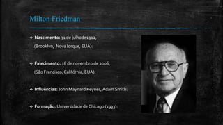 Milton Friedman
 Nascimento: 31 de julhode1912,
(Brooklyn, Nova Iorque, EUA):
 Falecimento: 16 de novembro de 2006,
(São Francisco,Califórnia, EUA):
 Influências: John Maynard Keynes, Adam Smith:
 Formação: Universidade de Chicago (1933):
 