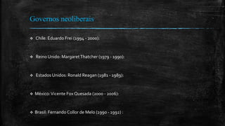 Governos neoliberais
 Chile: Eduardo Frei (1994 - 2000):
 Reino Unido: MargaretThatcher (1979 - 1990):
 Estados Unidos: Ronald Reagan (1981 - 1989):
 México:Vicente Fox Quesada (2000 - 2006):
 Brasil: Fernando Collor de Melo (1990 - 1992) :
 