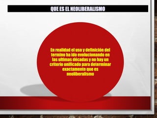 En realidad el uso y definición del
termino ha ido evolucionando en
las ultimas décadas y no hay un
criterio unificado para determinar
exactamente que es
neoliberalismo
QUE ES EL NEOLIBERALISMO
 