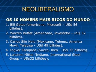 NEOLIBERALISMONEOLIBERALISMO
OS 10 HOMENS MAIS RICOS DO MUNDOOS 10 HOMENS MAIS RICOS DO MUNDO
1. Bill Gates (americano, Microsoft – US$ 561. Bill Gates (americano, Microsoft – US$ 56
bilhões).bilhões).
2. Warren Buffet (Americano, investidor - US$ 522. Warren Buffet (Americano, investidor - US$ 52
bilhões).bilhões).
3. Carlos Slin Helu (Mexicano, Telmex, America3. Carlos Slin Helu (Mexicano, Telmex, America
Movil, Televisa - US$ 49 bilhões).Movil, Televisa - US$ 49 bilhões).
4. Ingvar Kamprad (Sueco, Ikea - US$ 33 bilhões).4. Ingvar Kamprad (Sueco, Ikea - US$ 33 bilhões).
5. Lakshmi Mittal (Indiano, International Steel5. Lakshmi Mittal (Indiano, International Steel
Group – US$32 bilhões).Group – US$32 bilhões).
 