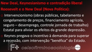 New Deal, Keynesianismo e contradição liberal
Roosevelt e o New Deal (Nova Política):
o Intervencionismo (obras públicas, tabelamento e
congelamento de preços, financiamento agrícola,
seguro – desemprego, controle jornada de trabalho)
Estatal para aliviar os efeitos da grande depressão.
o Keynes pregava o incentivo à demanda para superar
a recessão, com intervenção “benéfica” do Estado.
 