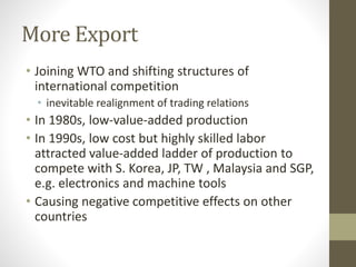More Export
• Joining WTO and shifting structures of
international competition
• inevitable realignment of trading relations
• In 1980s, low-value-added production
• In 1990s, low cost but highly skilled labor
attracted value-added ladder of production to
compete with S. Korea, JP, TW , Malaysia and SGP,
e.g. electronics and machine tools
• Causing negative competitive effects on other
countries
 