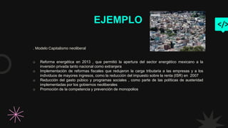 EJEMPLO
. Modelo Capitalismo neoliberal
o Reforma energética en 2013 , que permitió la apertura del sector energético mexicano a la
inversión privada tanto nacional como extranjera
o Implementación de reformas fiscales que redujeron la carga tributaria a las empresas y a los
individuos de mayores ingresos, como la reducción del impuesto sobre la renta (ISR) en 2007
o Reducción del gasto púbico y programas sociales , como parte de las políticas de austeridad
implementadas por los gobiernos neoliberales
o Promoción de la competencia y prevención de monopolios
 