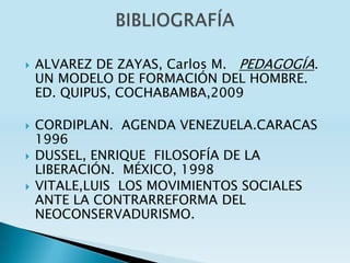    ALVAREZ DE ZAYAS, Carlos M. PEDAGOGÍA.
    UN MODELO DE FORMACIÓN DEL HOMBRE.
    ED. QUIPUS, COCHABAMBA,2009

   CORDIPLAN. AGENDA VENEZUELA.CARACAS
    1996
   DUSSEL, ENRIQUE FILOSOFÍA DE LA
    LIBERACIÓN. MÉXICO, 1998
   VITALE,LUIS LOS MOVIMIENTOS SOCIALES
    ANTE LA CONTRARREFORMA DEL
    NEOCONSERVADURISMO.
 