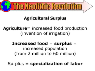 The Neolithic Revolution Agricultural Surplus Agriculture =  increased food production (invention of irrigation) Increased food  =  surplus  =  increased population (from 2 million to 60 million) Surplus =  specialization of labor 