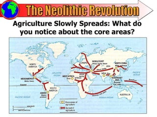 The Neolithic Revolution Agriculture Slowly Spreads: What do you notice about the core areas? 