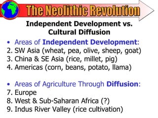 The Neolithic Revolution Independent Development vs.  Cultural Diffusion  Areas of  Independent Development : SW Asia (wheat, pea, olive, sheep, goat) China & SE Asia (rice, millet, pig) Americas (corn, beans, potato, llama) Areas of Agriculture Through  Diffusion : Europe West & Sub-Saharan Africa (?) Indus River Valley (rice cultivation) 