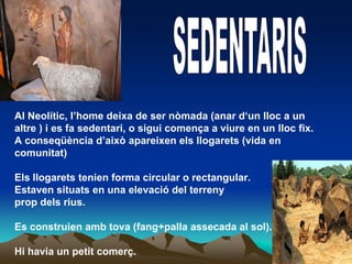SEDENTARISAl Neolític, l’home deixa de ser nòmada (anar d‘un lloc a unaltre ) i es fa sedentari, o sigui comença a viure en un lloc fix.A conseqüència d’això apareixen els llogarets (vida encomunitat)Els llogarets tenien forma circular o rectangular. Estaven situats en una elevació del terreny prop dels rius. Es construien amb tova (fang+palla assecada al sol). Hihavia un petitcomerç.
