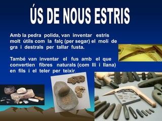 ÚS DE NOUS ESTRISAmb la pedra  polida, van  inventar   estris  molt  útils com  la  falç (per segar) el  molí  de  gra  i  destrals  per  tallar  fusta.També  van  inventar   el   fus  amb   el  que   convertien   fibres   naturals (com  lli  i  llana) en  fils  i  el  teler  per  teixir.