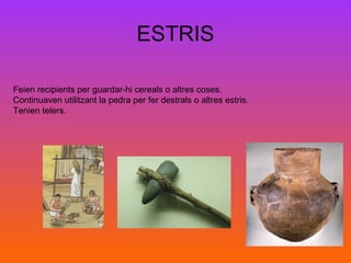 ESTRIS
Feien recipients per guardar-hi cereals o altres coses.
Continuaven utilitzant la pedra per fer destrals o altres estris.
Tenien telers.
 