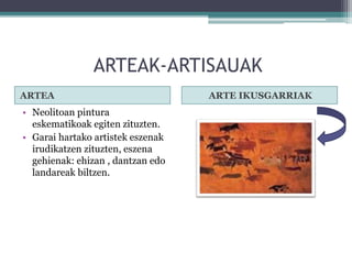 ARTEAK-ARTISAUAK
ARTEA ARTE IKUSGARRIAK
• Neolitoan pintura
eskematikoak egiten zituzten.
• Garai hartako artistek eszenak
irudikatzen zituzten, eszena
gehienak: ehizan , dantzan edo
landareak biltzen.
 