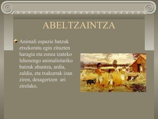 ABELTZAINTZA
Animali espazie batzuk
etxekoratu egin zituzten
haragia eta esnea izateko
lehenengo animalietariko
batzuk ahuntza, ardia,
zaldia, eta txakurrak izan
ziren, desagertzen ari
zirelako.
 