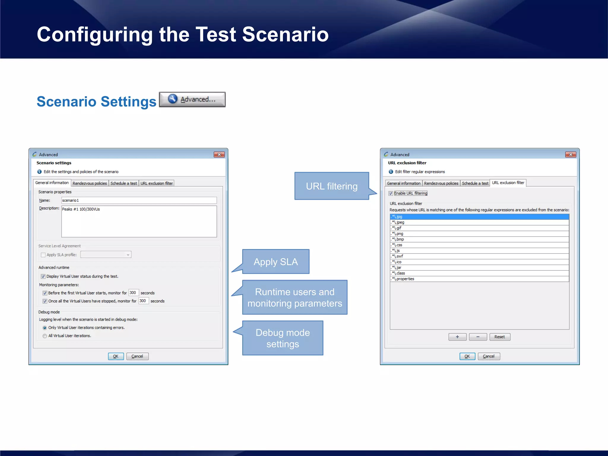 Scenario Settings
Configuring the Test Scenario
URL filtering
Debug mode
settings
Runtime users and
monitoring parameters
Apply SLA
 