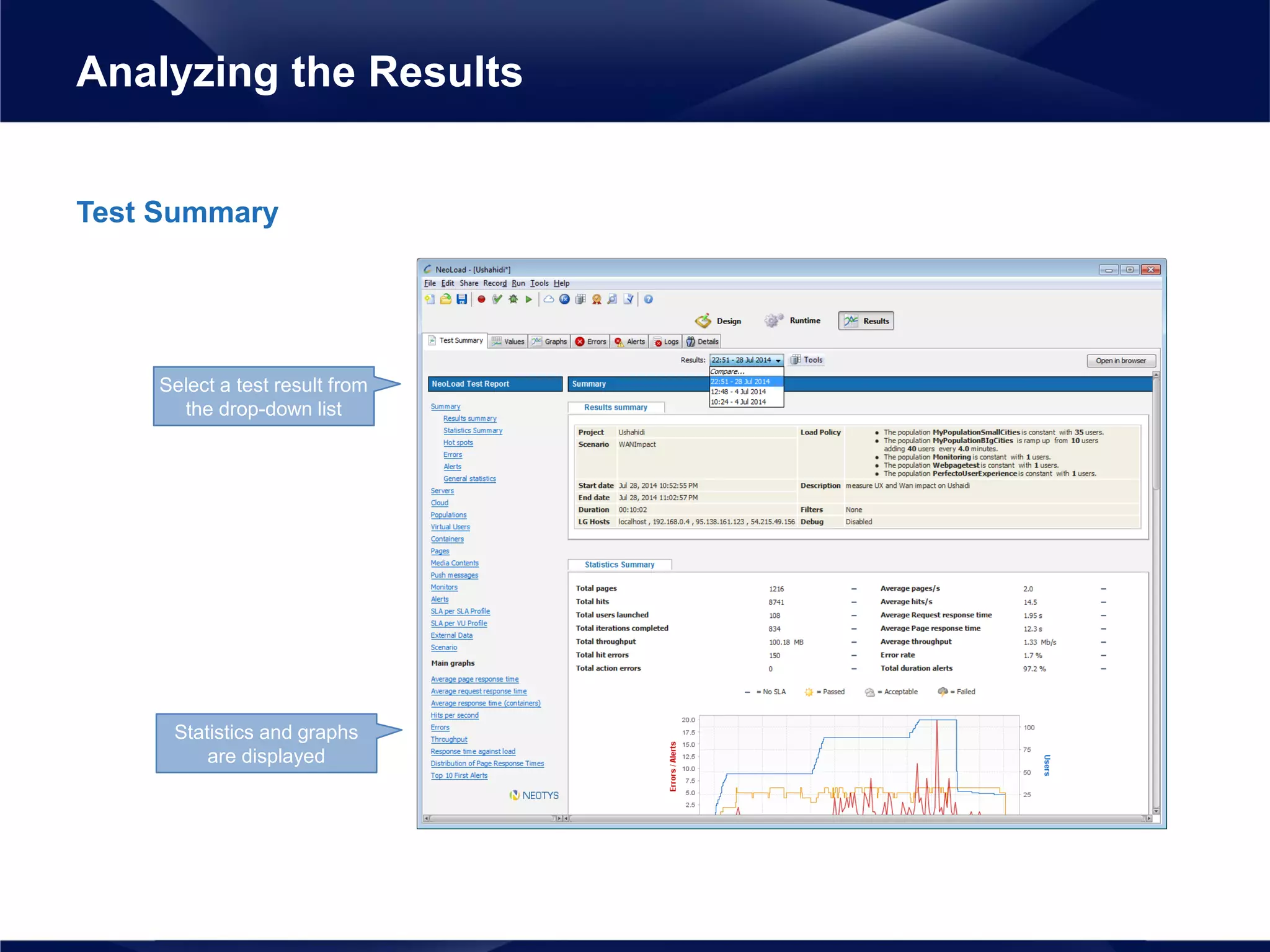 Test Summary
Analyzing the Results
Select a test result from
the drop-down list
Statistics and graphs
are displayed
 