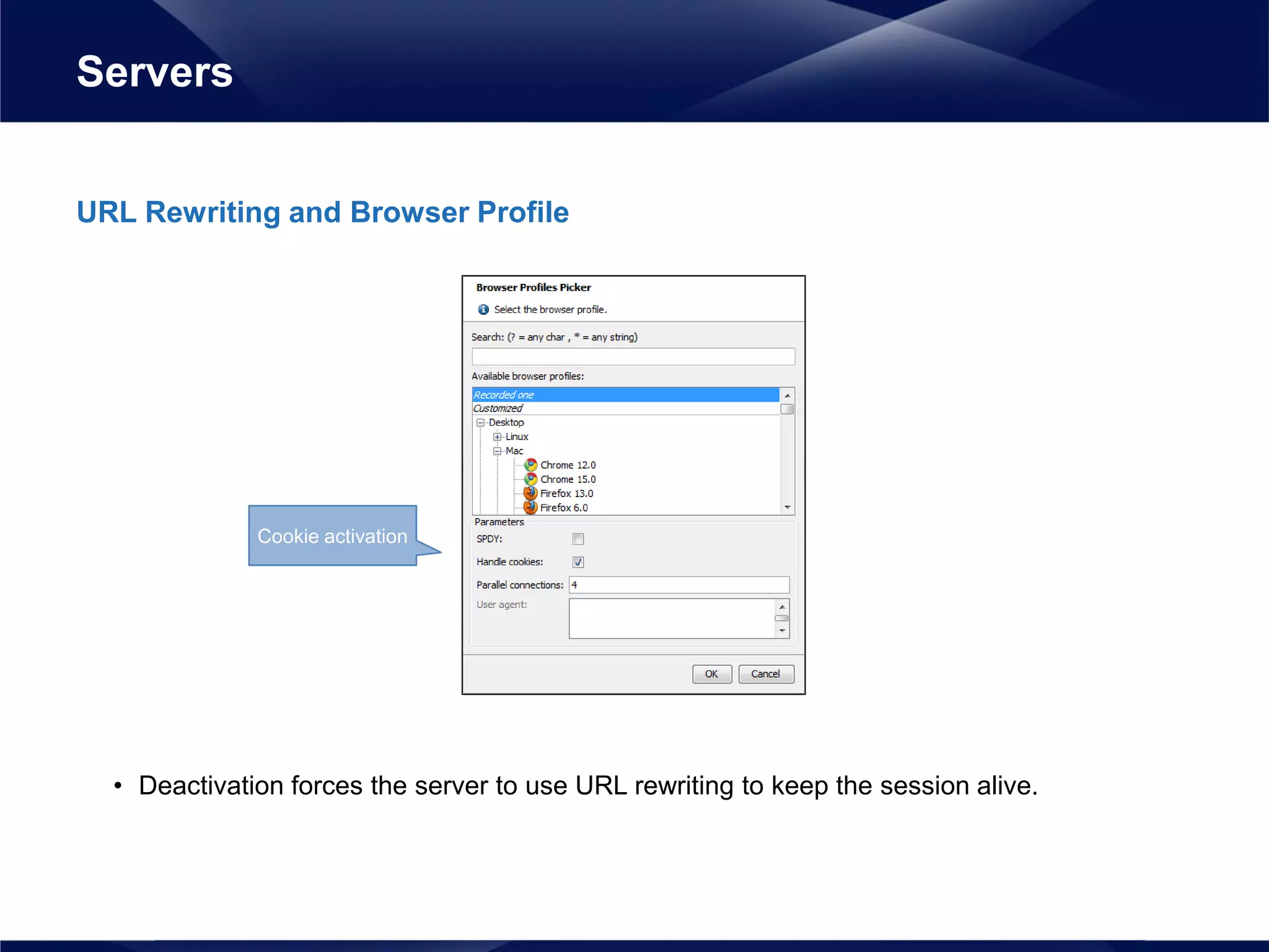 URL Rewriting and Browser Profile
• Deactivation forces the server to use URL rewriting to keep the session alive.
Servers
Cookie activation
 