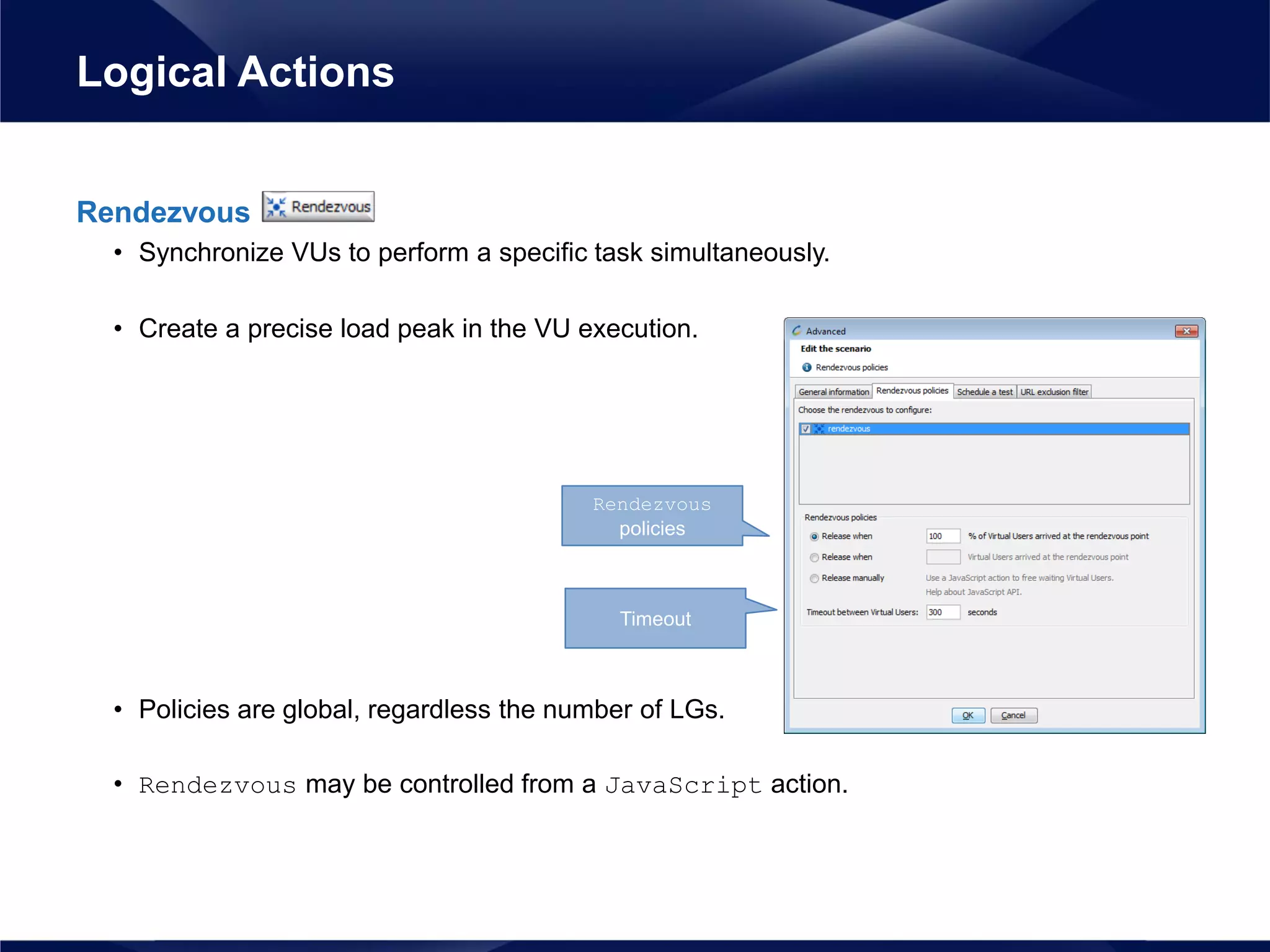 Rendezvous
• Synchronize VUs to perform a specific task simultaneously.
• Create a precise load peak in the VU execution.
• Policies are global, regardless the number of LGs.
• Rendezvous may be controlled from a JavaScript action.
Logical Actions
Timeout
Rendezvous
policies
 