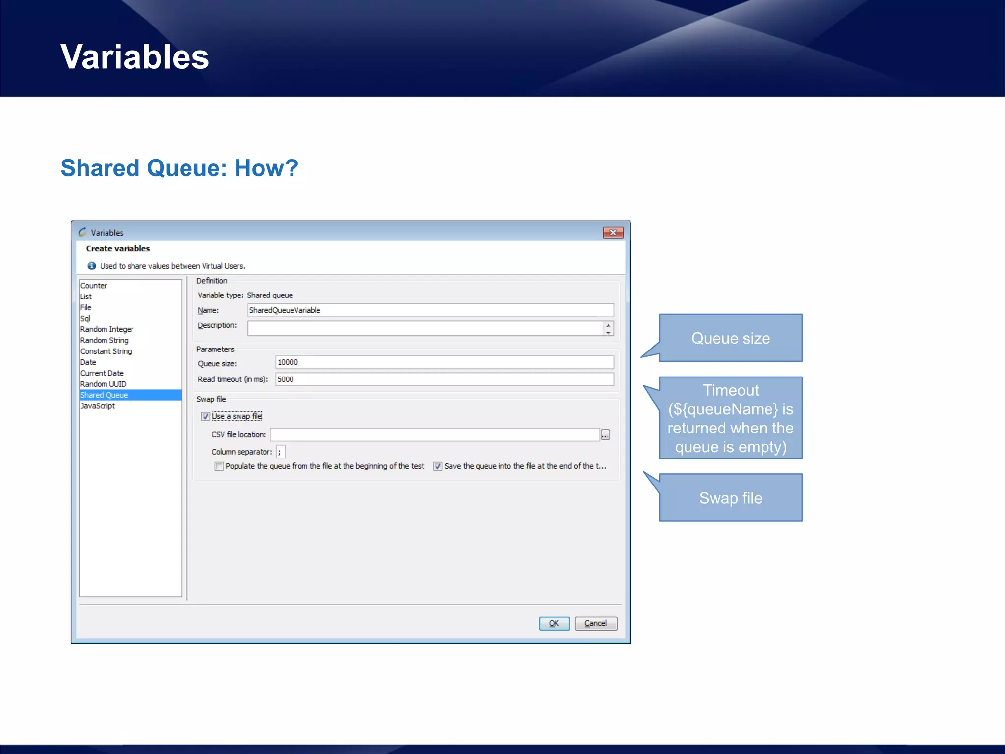 Shared Queue: How?
Variables
Queue size
Timeout
(${queueName} is
returned when the
queue is empty)
Swap file
 