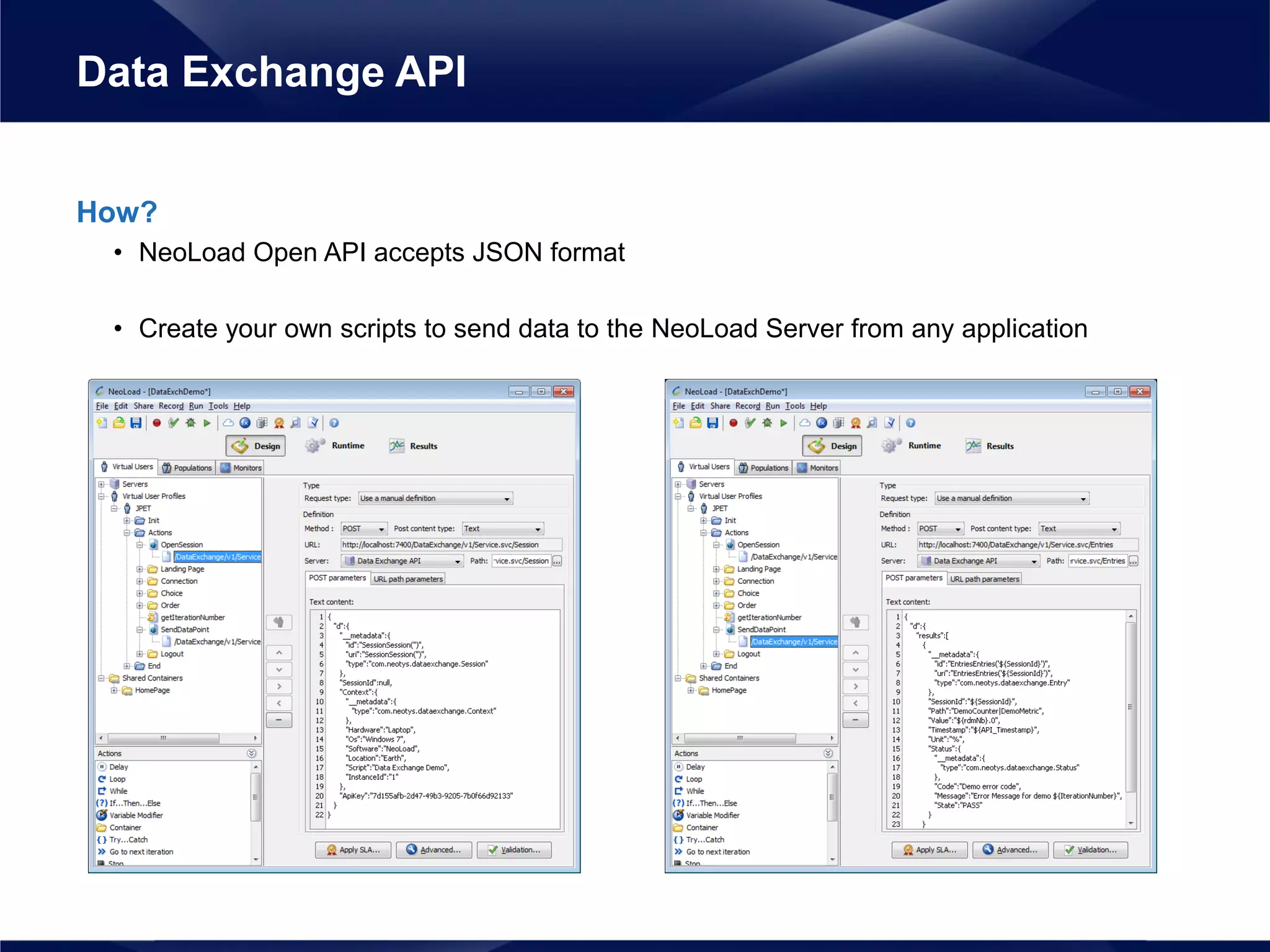 How?
• NeoLoad Open API accepts JSON format
• Create your own scripts to send data to the NeoLoad Server from any application
Data Exchange API
 
