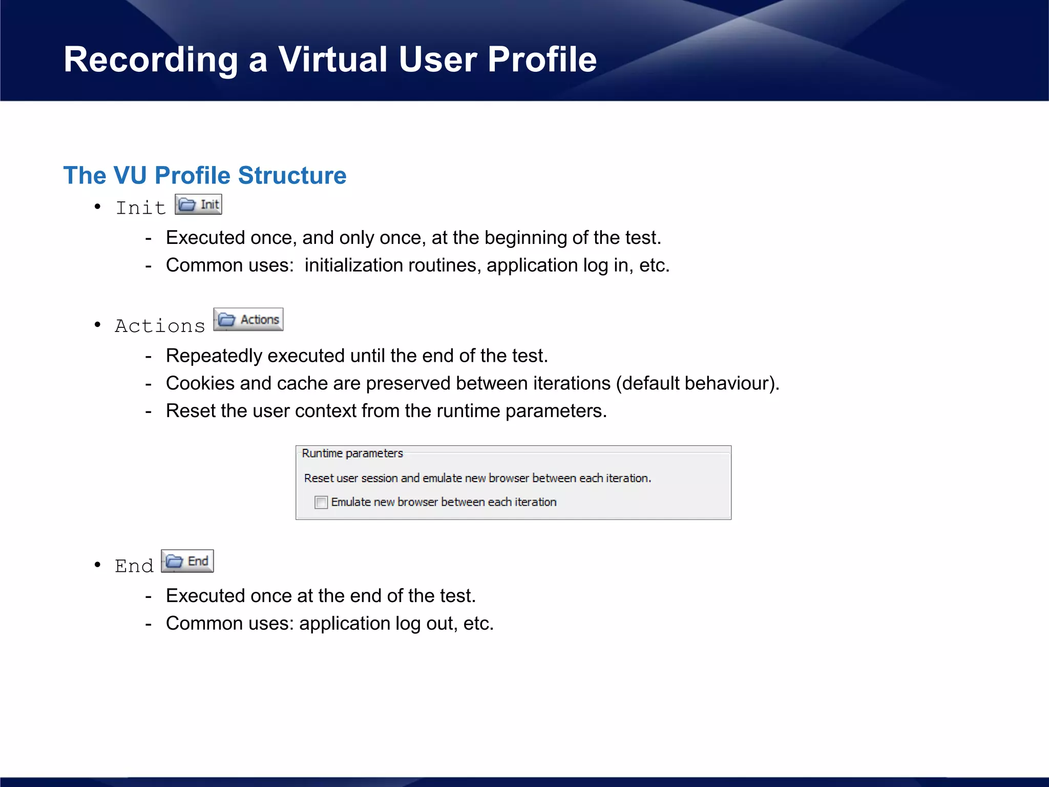 The VU Profile Structure
• Init
- Executed once, and only once, at the beginning of the test.
- Common uses: initialization routines, application log in, etc.
• Actions
- Repeatedly executed until the end of the test.
- Cookies and cache are preserved between iterations (default behaviour).
- Reset the user context from the runtime parameters.
• End
- Executed once at the end of the test.
- Common uses: application log out, etc.
Recording a Virtual User Profile
 