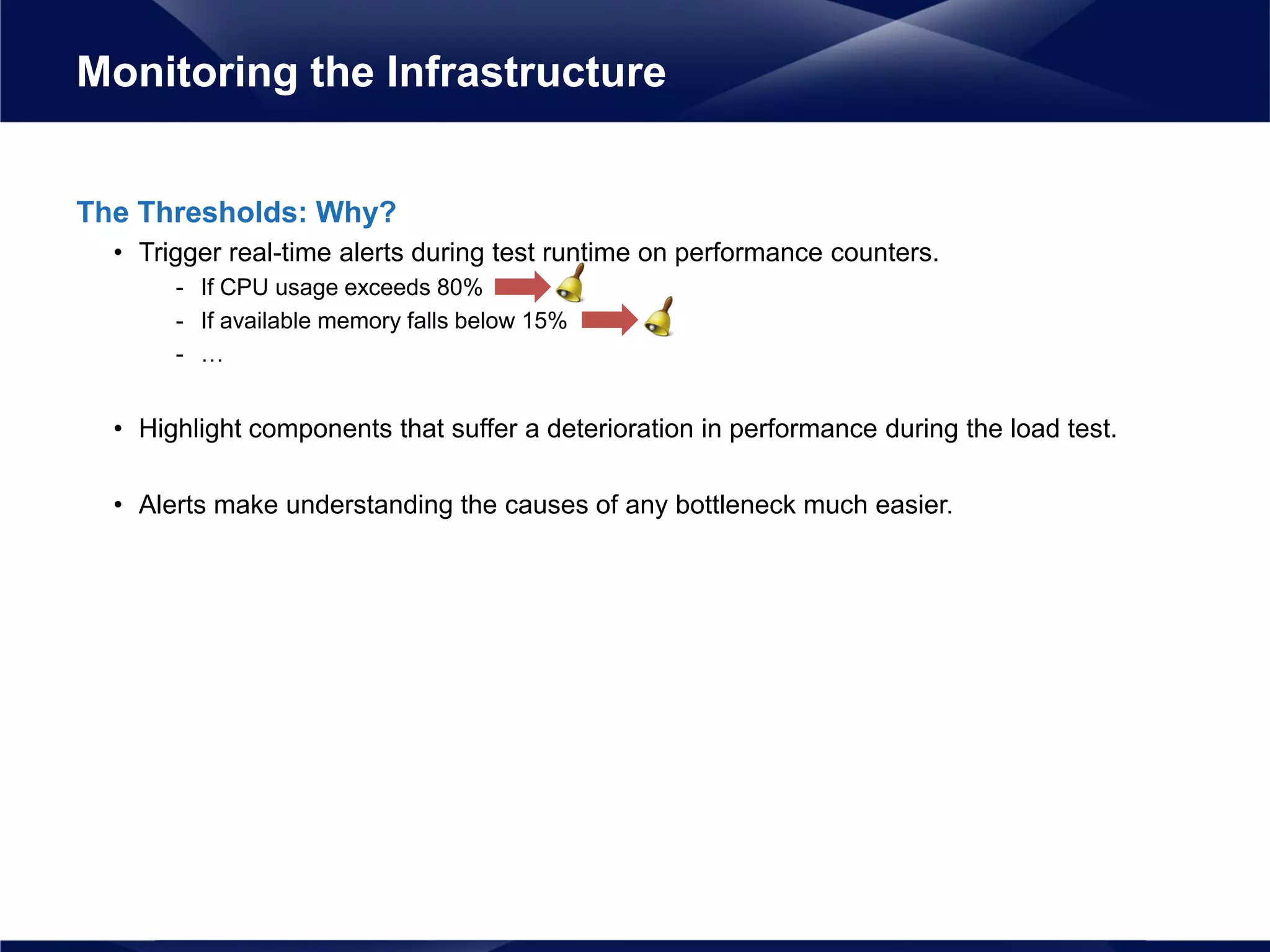 The Thresholds: Why?
• Trigger real-time alerts during test runtime on performance counters.
- If CPU usage exceeds 80%
- If available memory falls below 15%
- …
• Highlight components that suffer a deterioration in performance during the load test.
• Alerts make understanding the causes of any bottleneck much easier.
Monitoring the Infrastructure
 