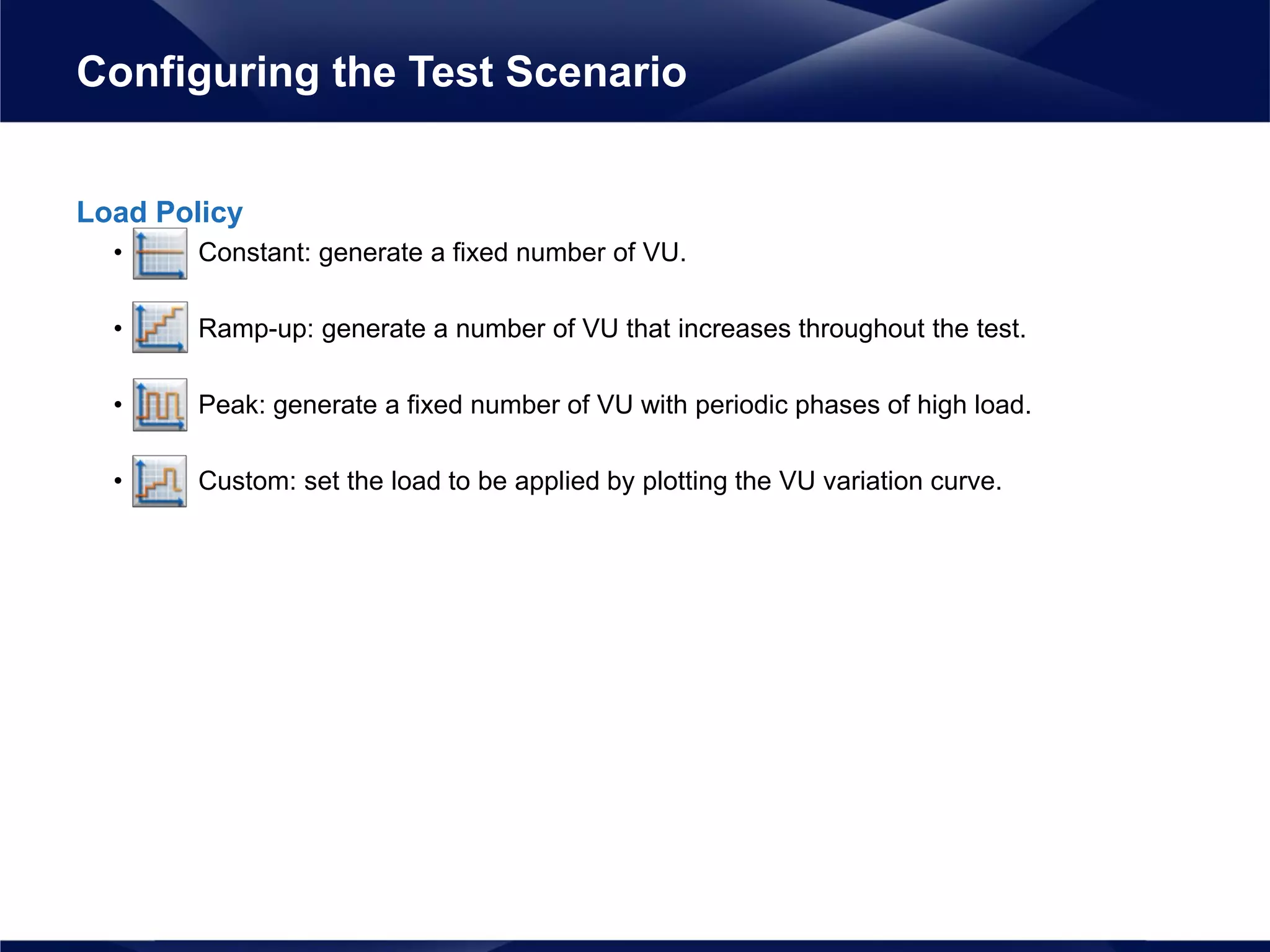 Load Policy
• Constant: generate a fixed number of VU.
• Ramp-up: generate a number of VU that increases throughout the test.
• Peak: generate a fixed number of VU with periodic phases of high load.
• Custom: set the load to be applied by plotting the VU variation curve.
Configuring the Test Scenario
 