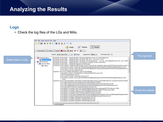 Logs
• Check the log files of the LGs and MAs.
Analyzing the Results
Check the details
Select MAs or LGs
The log level
 